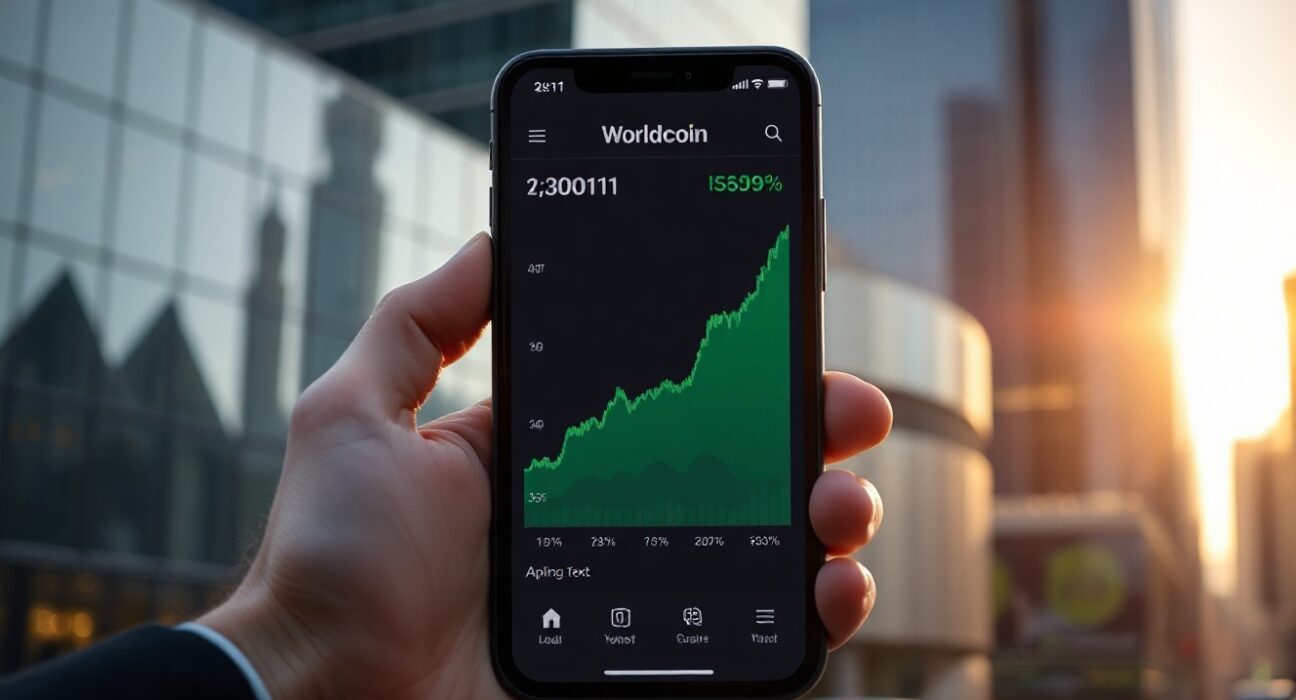 Worldcoin price chart on a smartphone showing an upward trend, symbolizing market momentum.