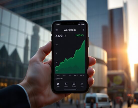 Worldcoin price chart on a smartphone showing an upward trend, symbolizing market momentum.