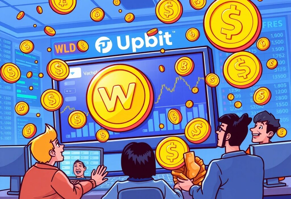 A cartoon showing the dynamic impact of the Worldcoin Upbit listing on the crypto market, with traders engaging with the new asset.