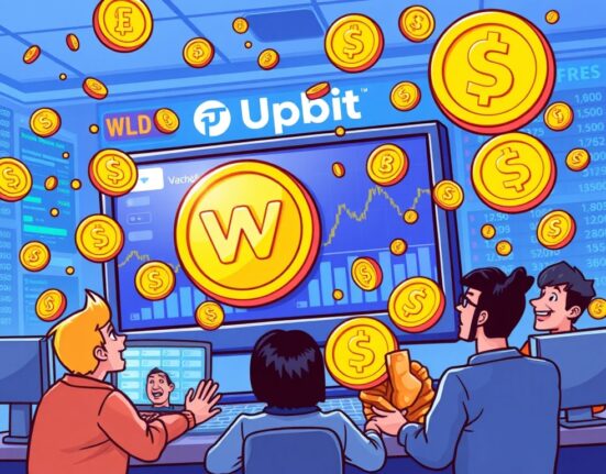 A cartoon showing the dynamic impact of the Worldcoin Upbit listing on the crypto market, with traders engaging with the new asset.