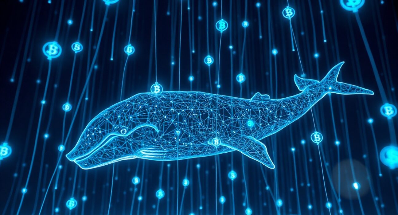 Digital whale made of data streams swimming through a network of cryptocurrency symbols, representing Worldcoin whale transactions.