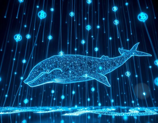 Digital whale made of data streams swimming through a network of cryptocurrency symbols, representing Worldcoin whale transactions.