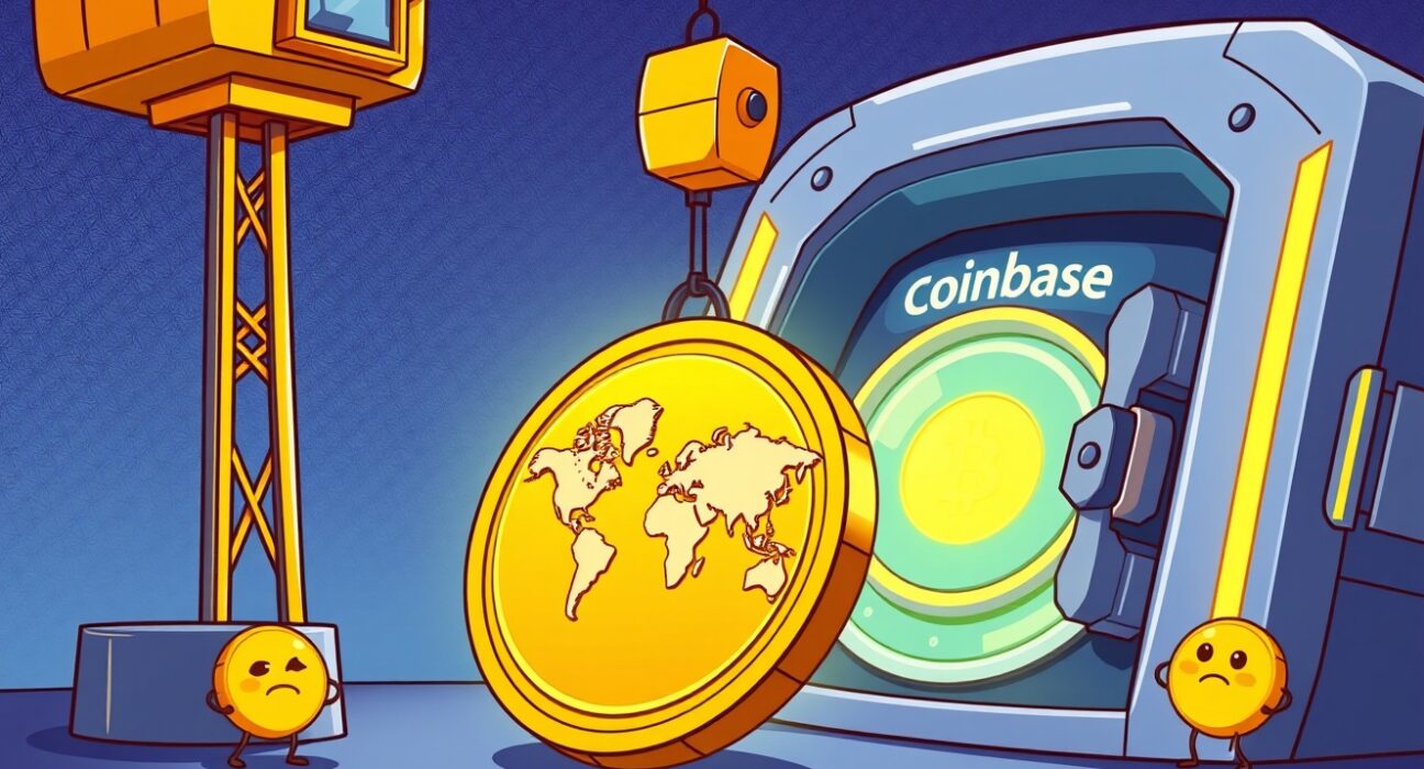 A cartoon illustrating a major Worldcoin WLD deposit entering the Coinbase exchange vault.