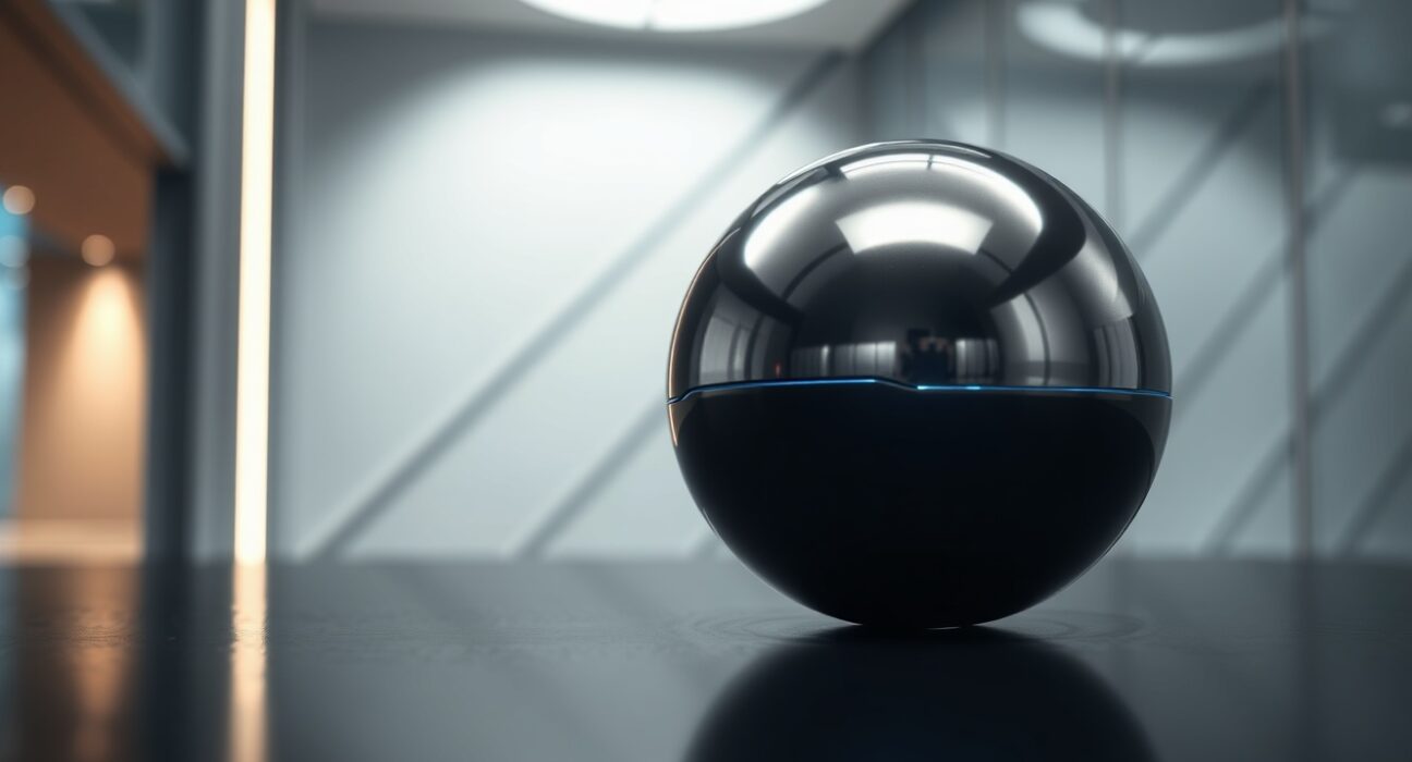 Futuristic Worldcoin Orb on reflective surface with blue ambient light in modern setting