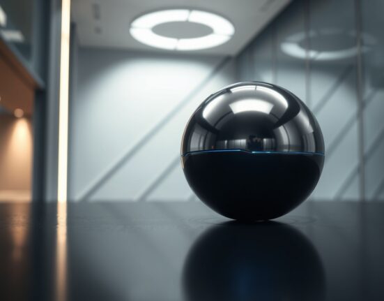 Futuristic Worldcoin Orb on reflective surface with blue ambient light in modern setting