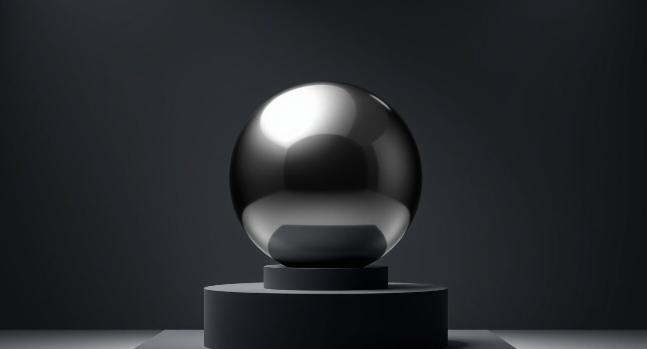 Worldcoin Orb on a pedestal in a modern gallery setting, representing the digital identity project.