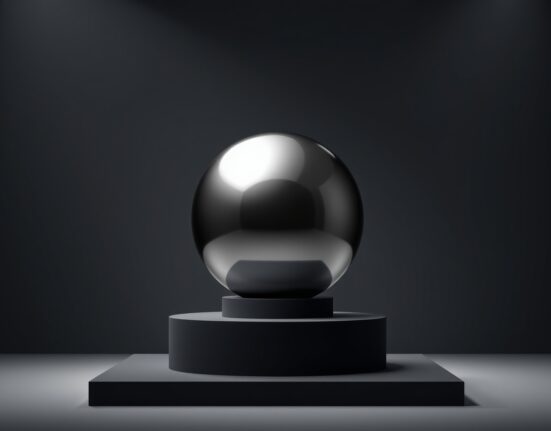Worldcoin Orb on a pedestal in a modern gallery setting, representing the digital identity project.