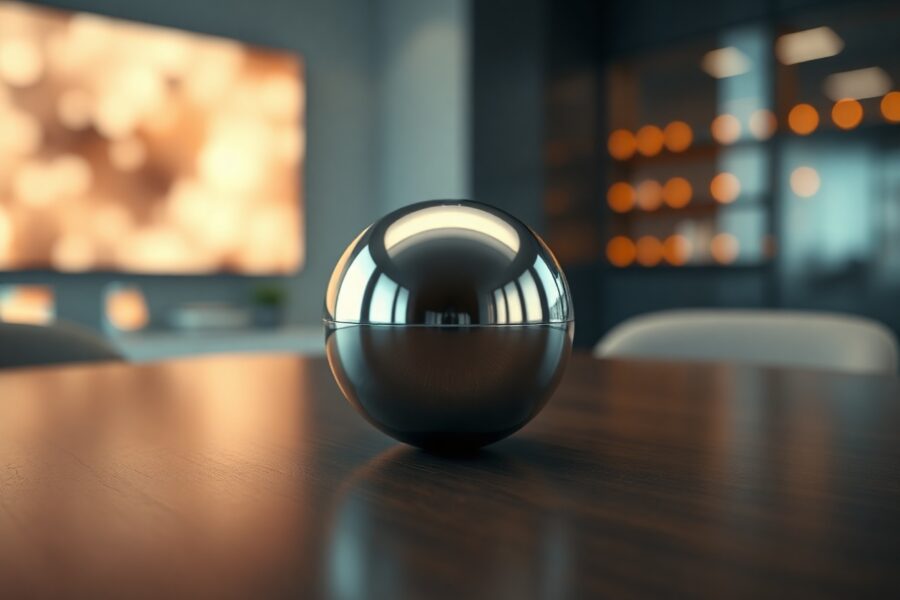 Worldcoin Orb device on a table in a modern, softly lit room for a price prediction article.