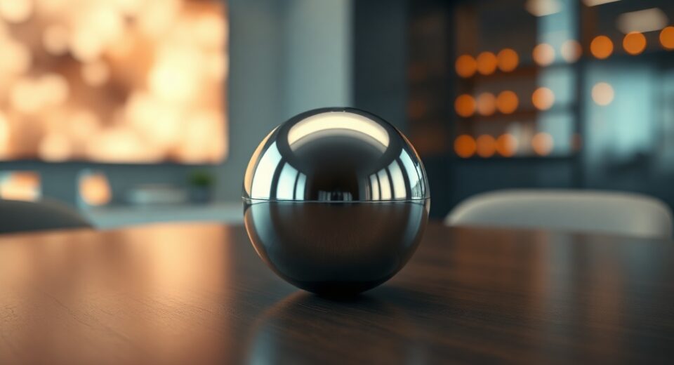 Worldcoin Orb device on a table in a modern, softly lit room for a price prediction article.