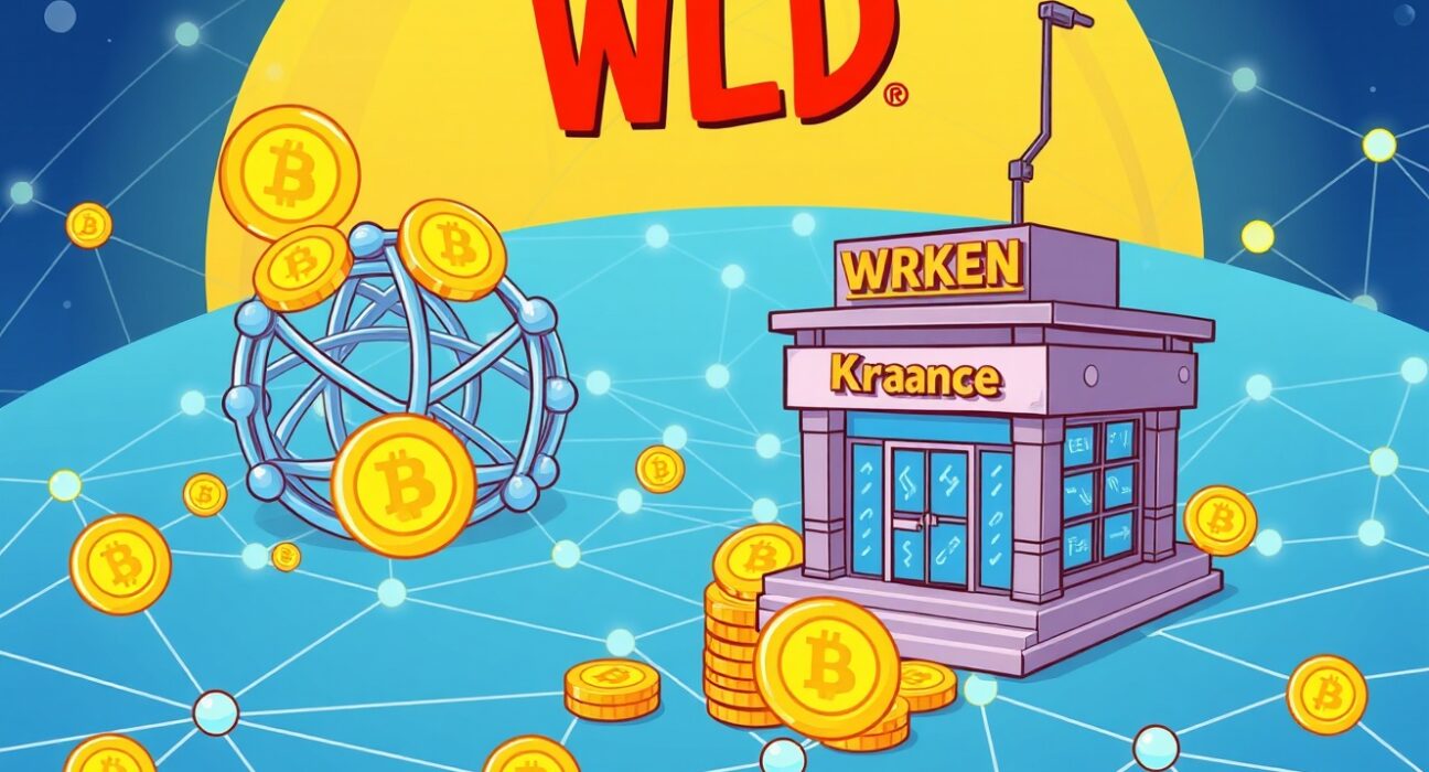 A cartoon illustration showing digital WLD tokens moving across blockchain networks and into an exchange, representing the Worldcoin WLD transfer.