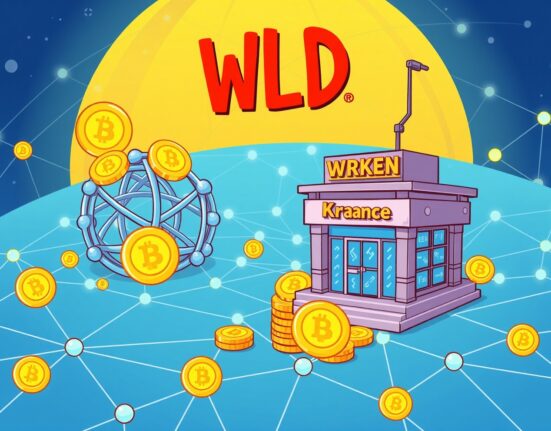 A cartoon illustration showing digital WLD tokens moving across blockchain networks and into an exchange, representing the Worldcoin WLD transfer.