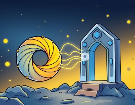 Cartoon illustration showing the symbolic Wormhole Stargate acquisition, representing a significant move for cross-chain DeFi.