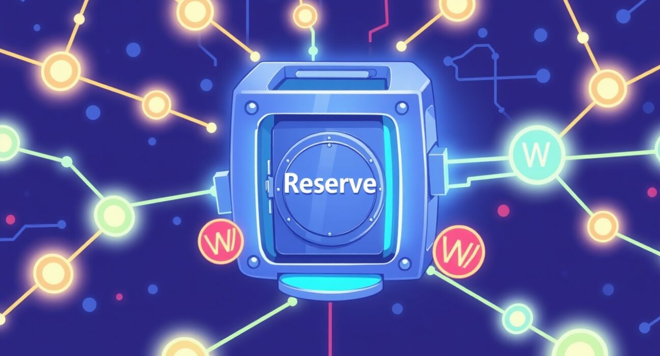 Cartoon illustration showing Wormhole Tokenomics 2.0 with a central Reserve vault, symbolizing revenue sharing and W token utility.