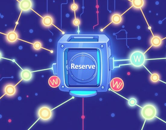 Cartoon illustration showing Wormhole Tokenomics 2.0 with a central Reserve vault, symbolizing revenue sharing and W token utility.