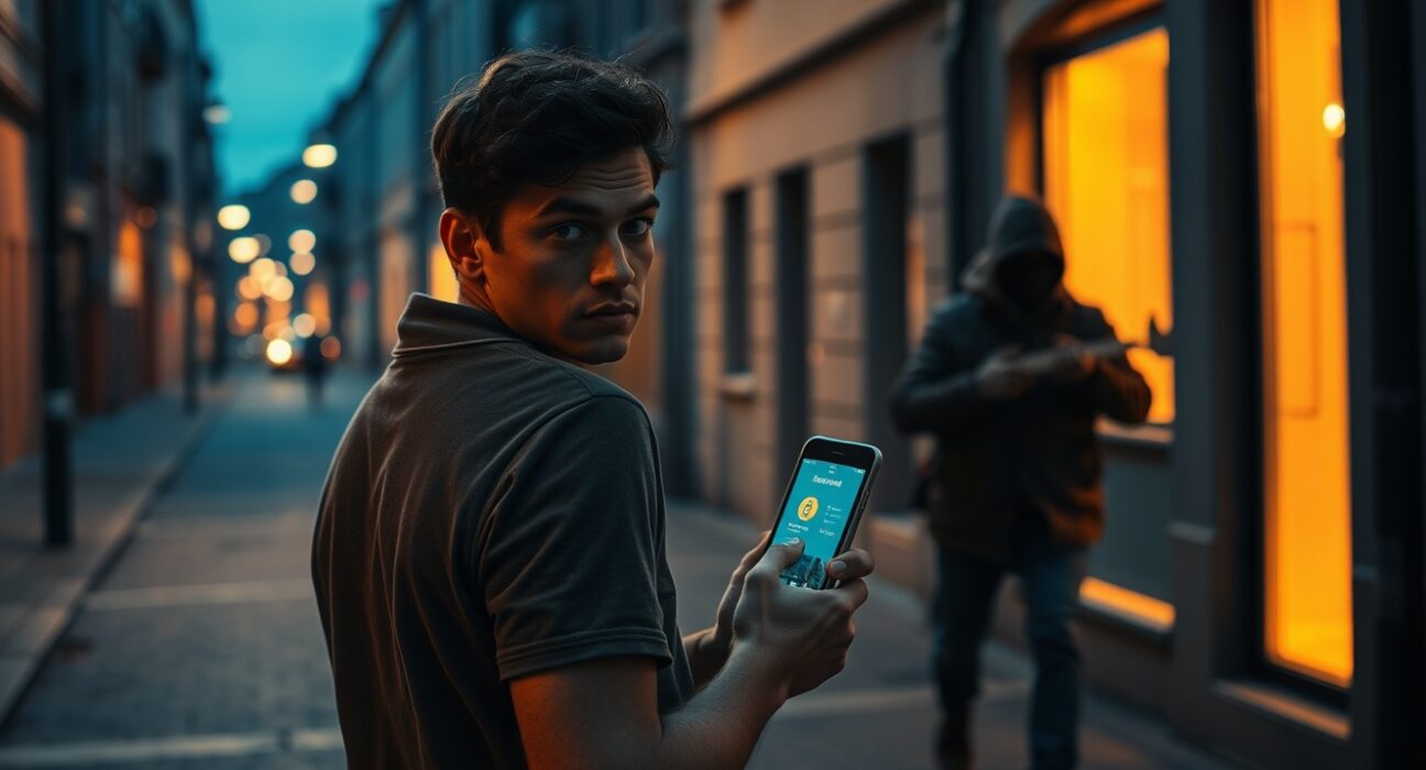 Person holding smartphone with crypto wallet on dimly lit European street, wary of approaching figure