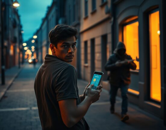 Person holding smartphone with crypto wallet on dimly lit European street, wary of approaching figure