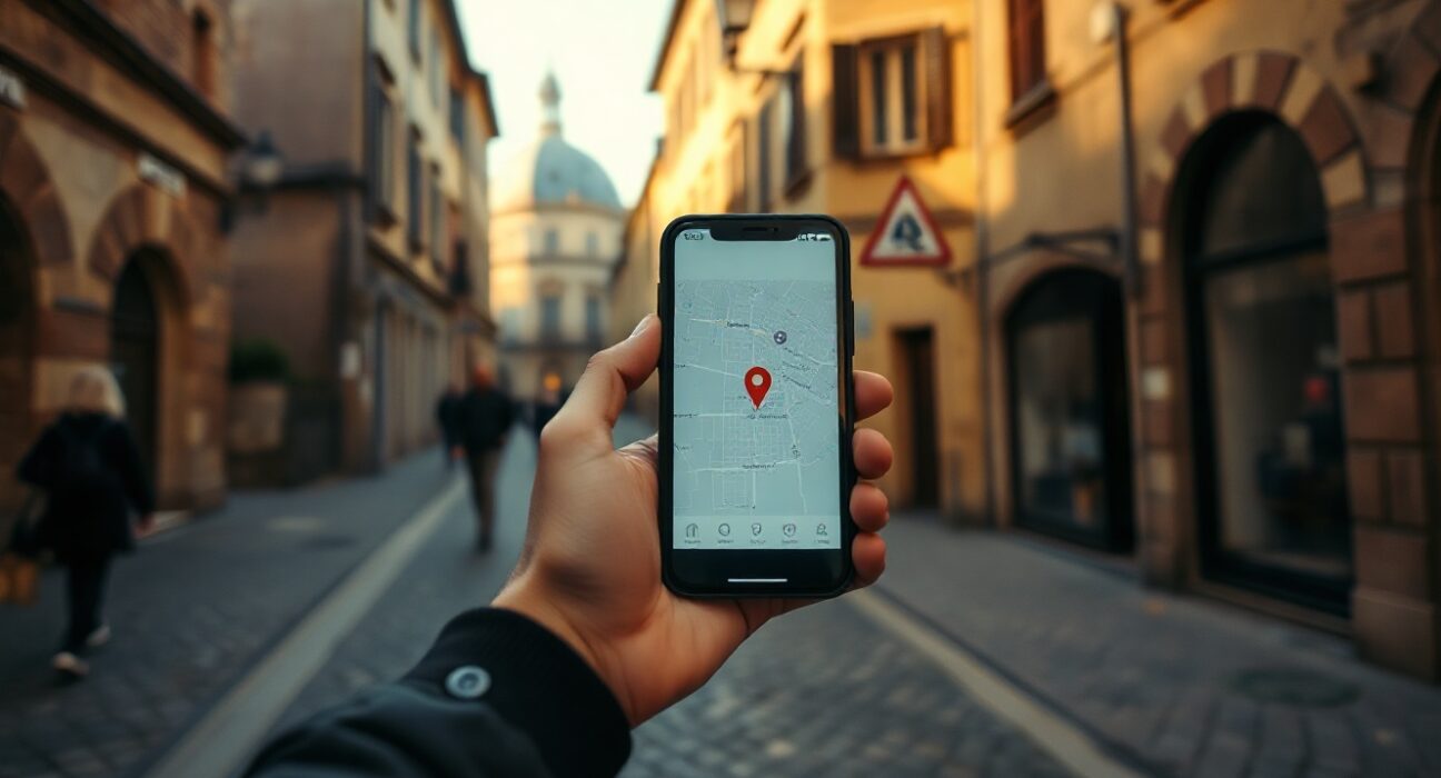 Person using Wrinkles app on smartphone while exploring a historic city street