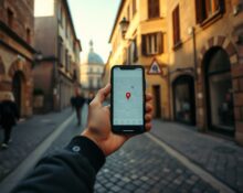 Person using Wrinkles app on smartphone while exploring a historic city street