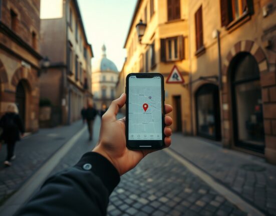 Person using Wrinkles app on smartphone while exploring a historic city street