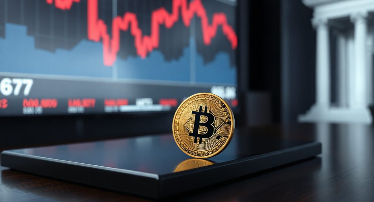 A digital stablecoin balanced on a table edge with a blurred stock market ticker in the background.
