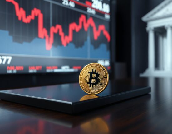 A digital stablecoin balanced on a table edge with a blurred stock market ticker in the background.