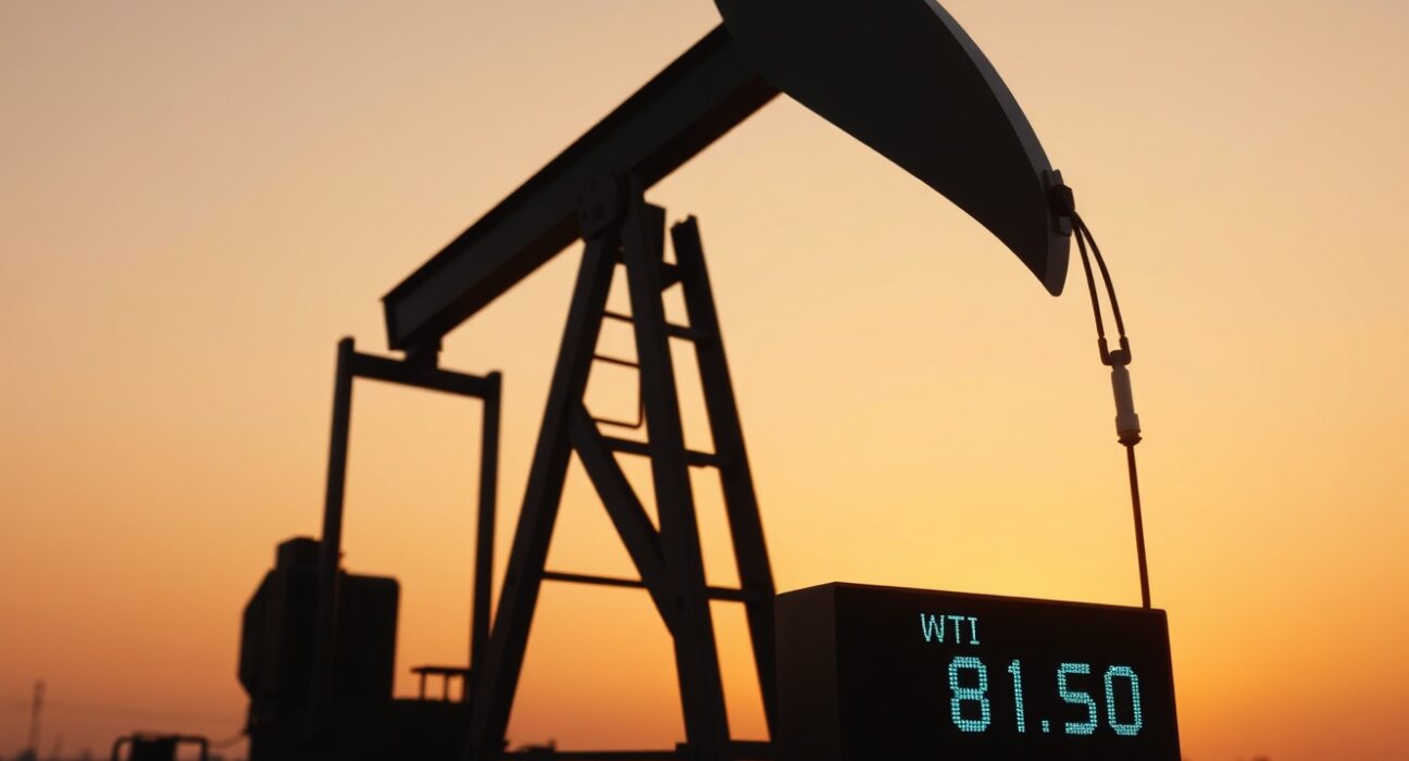 Oil pumpjack silhouetted at sunset with WTI price display showing below $82