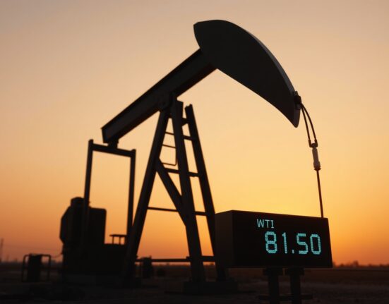 Oil pumpjack silhouetted at sunset with WTI price display showing below $82