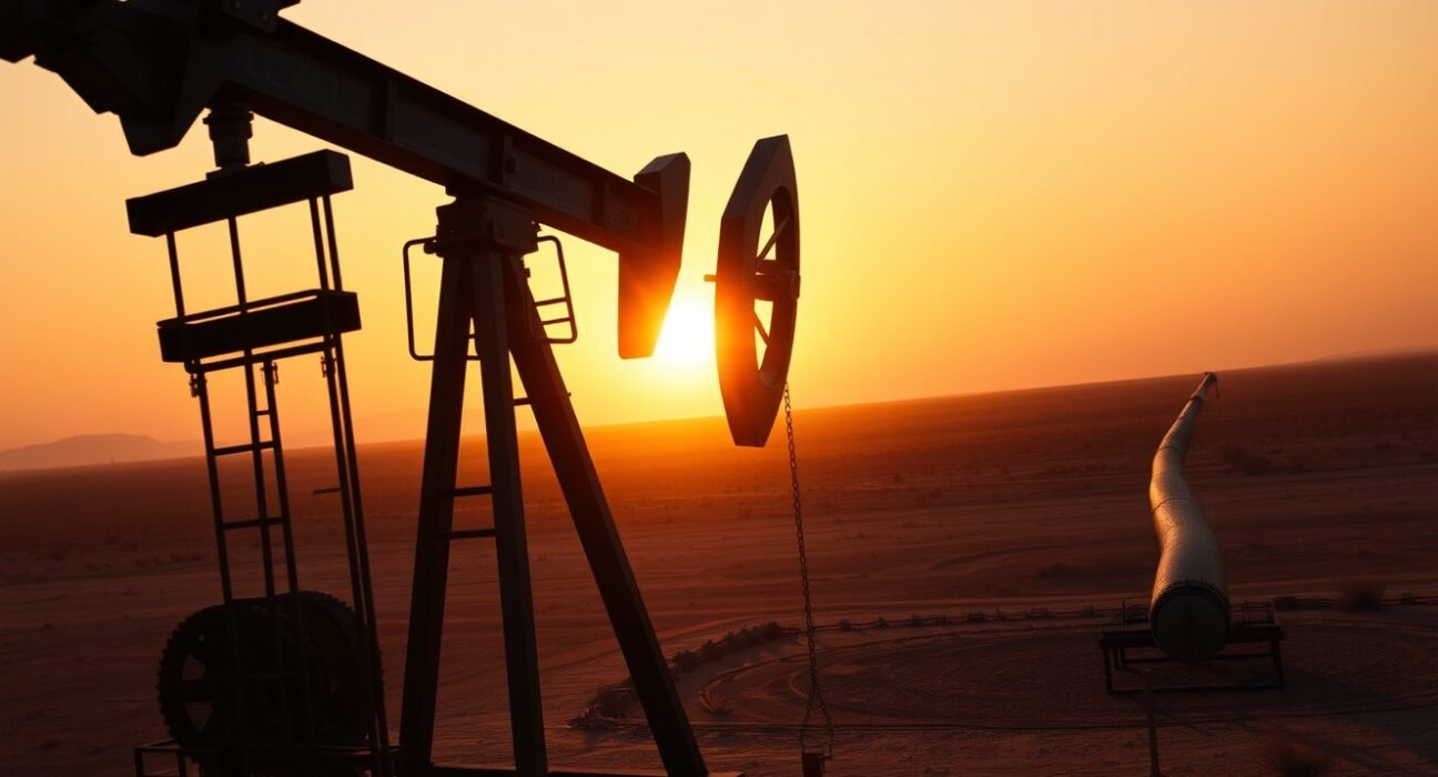 Oil pumpjack silhouette at sunset representing WTI crude oil market and US-Iran peace hopes