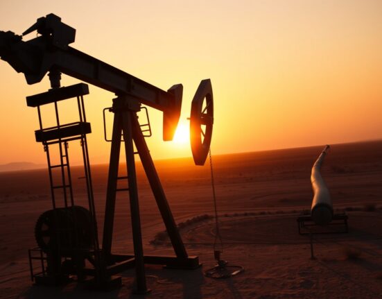 Oil pumpjack silhouette at sunset representing WTI crude oil market and US-Iran peace hopes