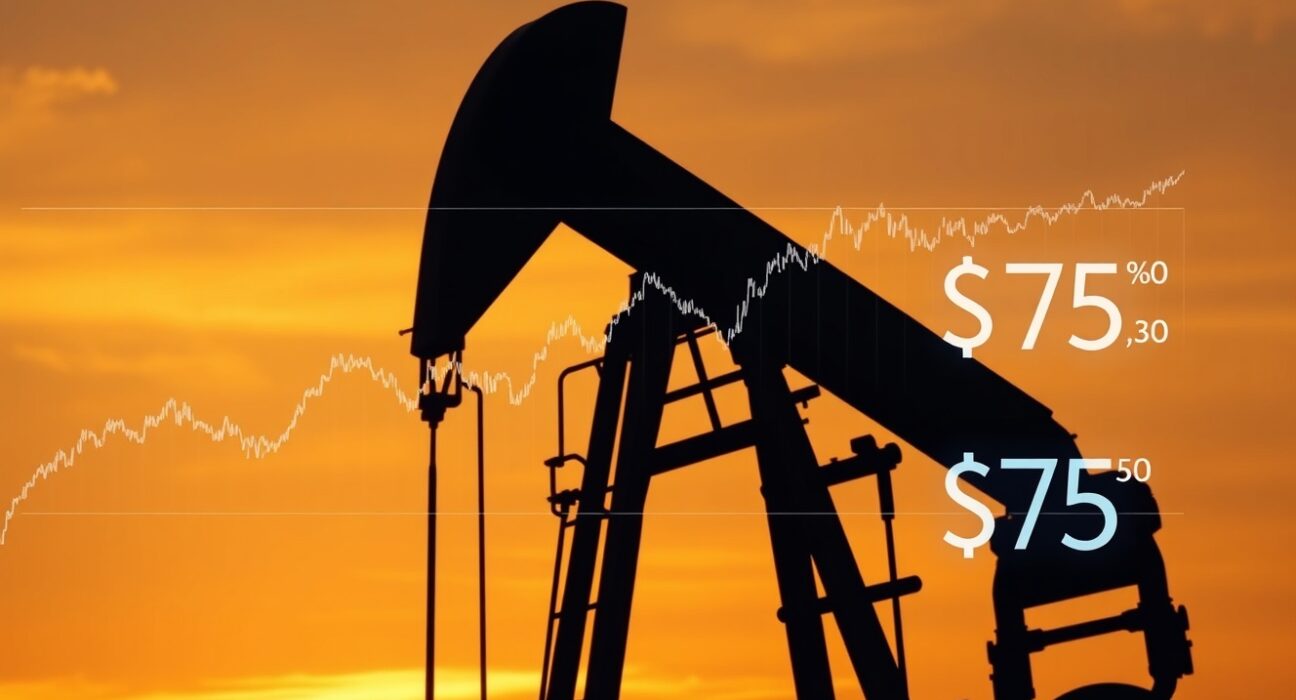 Oil pumpjack with digital price chart overlay showing WTI and Brent crude oil testing key psychological levels.