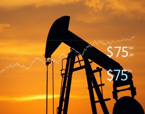 Oil pumpjack with digital price chart overlay showing WTI and Brent crude oil testing key psychological levels.