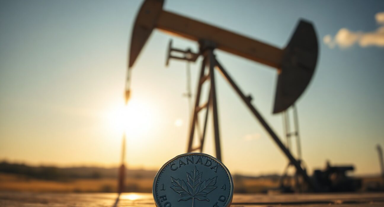 Oil pumpjack with a Canadian dollar coin in foreground, symbolizing WTI and CAD correlation