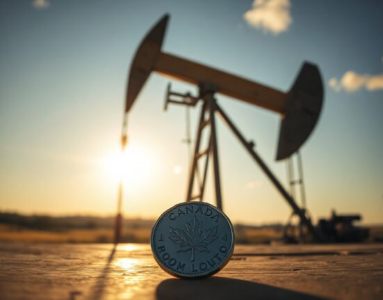 Oil pumpjack with a Canadian dollar coin in foreground, symbolizing WTI and CAD correlation