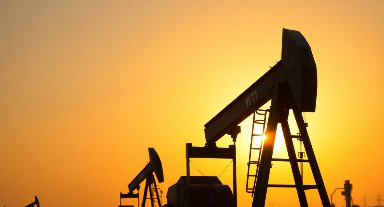 WTI crude oil pumpjack in an oil field at sunset, representing energy supply and market movements.