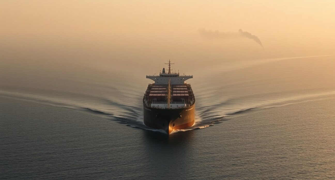 Oil tanker navigating the Strait of Hormuz with smoke on the horizon after recent attacks