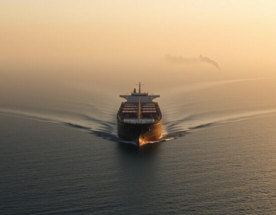 Oil tanker navigating the Strait of Hormuz with smoke on the horizon after recent attacks