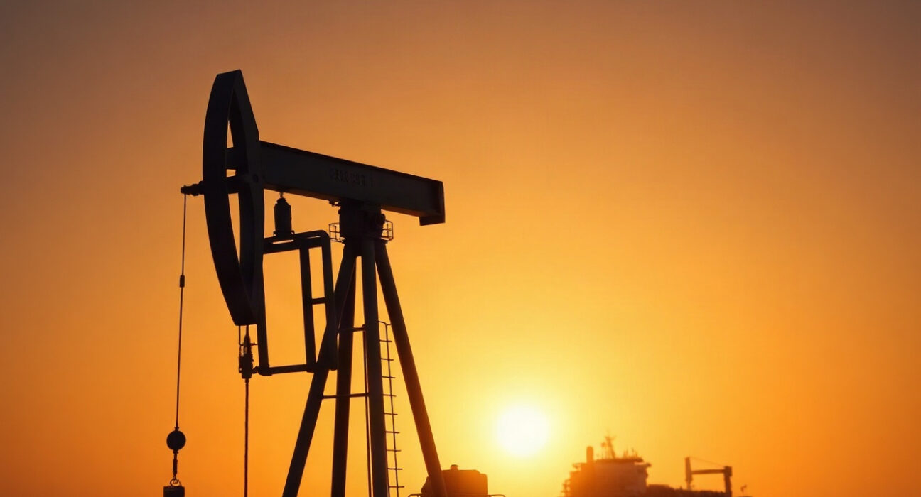 Oil pumpjack silhouette at sunset with tanker on horizon, representing crude oil supply and geopolitical risk.