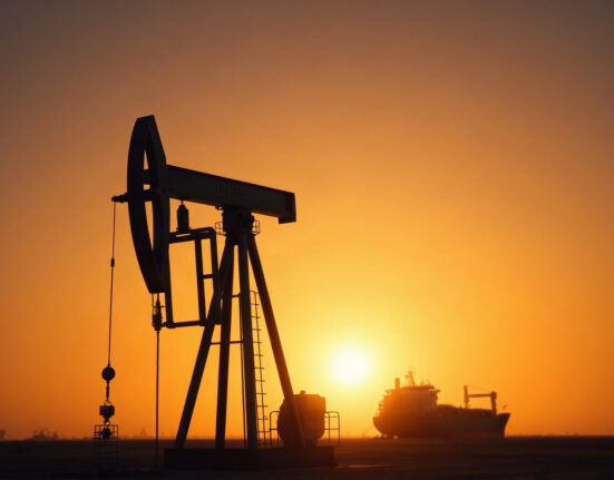 Oil pumpjack silhouette at sunset with tanker on horizon, representing crude oil supply and geopolitical risk.