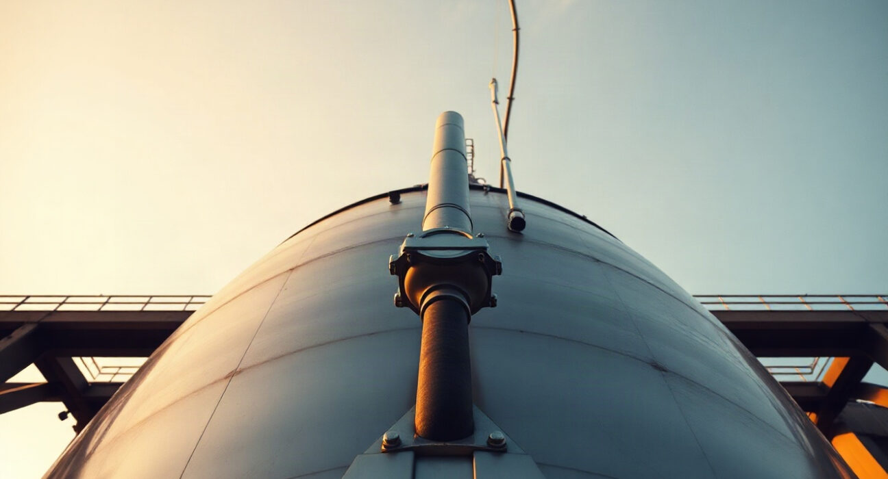WTI crude oil storage tanks at an industrial facility during sunset