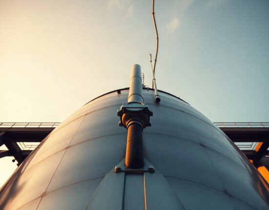 WTI crude oil storage tanks at an industrial facility during sunset