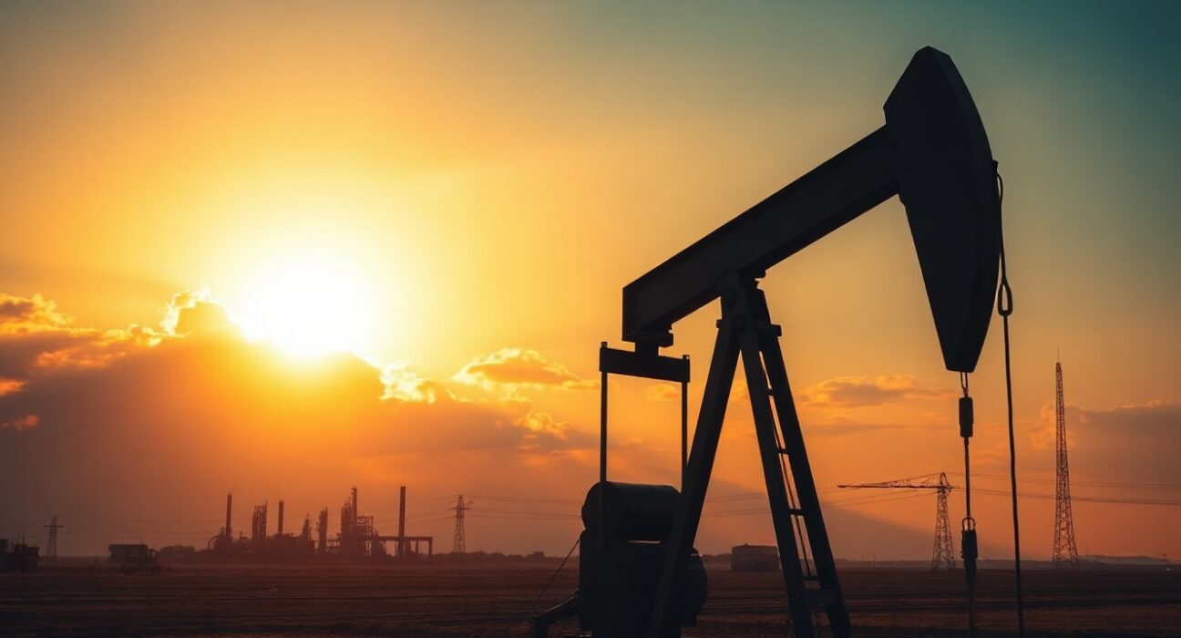 Oil pumpjack silhouette against sunset sky, representing WTI crude price movements