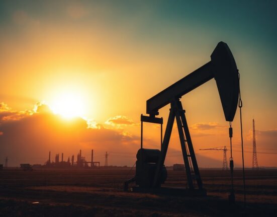 Oil pumpjack silhouette against sunset sky, representing WTI crude price movements