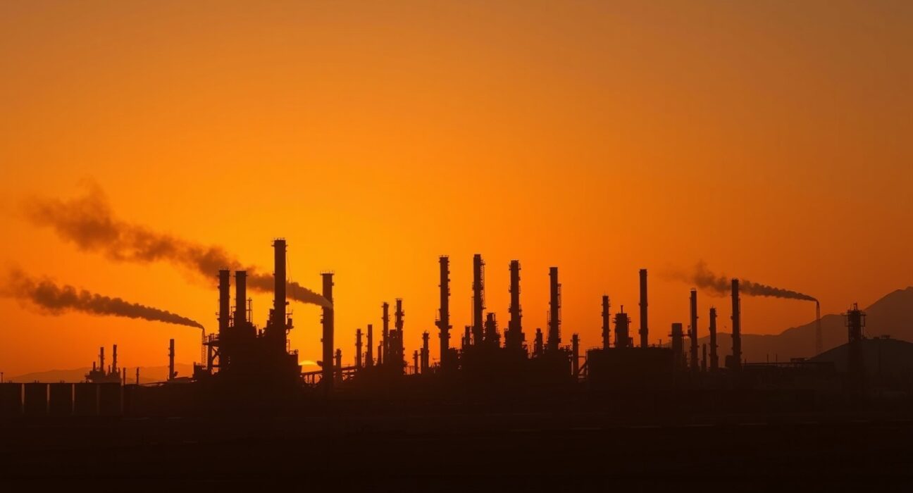 Oil refinery at dusk with smoke in distance after US strikes in Iran