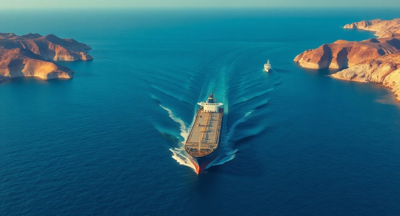 Oil tanker sailing through the Strait of Hormuz under clear skies
