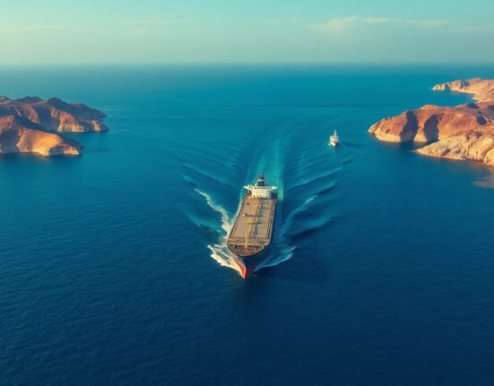 Oil tanker sailing through the Strait of Hormuz under clear skies