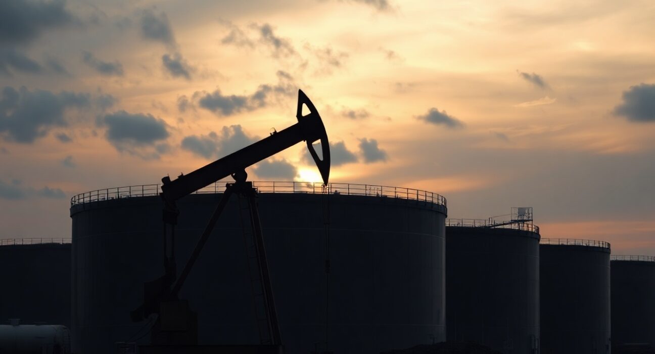 Oil pumpjack and storage tanks under overcast sky representing WTI price decline below $70