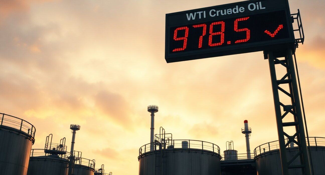 Oil storage tanks at sunset with a digital price board showing WTI at $78.50, indicating a drop to three-month lows.