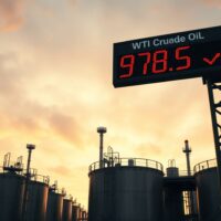 Oil storage tanks at sunset with a digital price board showing WTI at $78.50, indicating a drop to three-month lows.