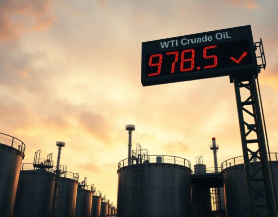 Oil storage tanks at sunset with a digital price board showing WTI at $78.50, indicating a drop to three-month lows.
