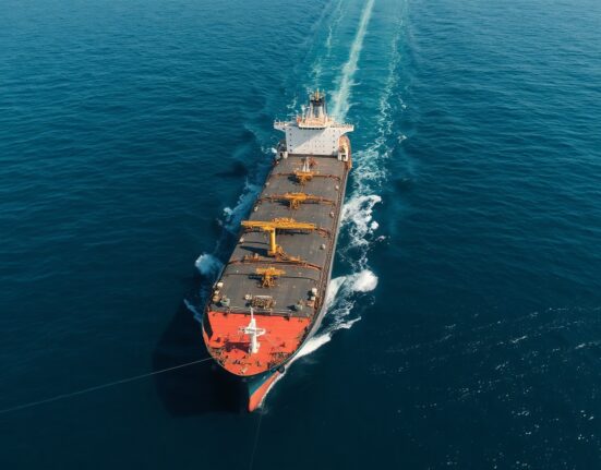 Aerial view of an oil tanker in the Strait of Hormuz
